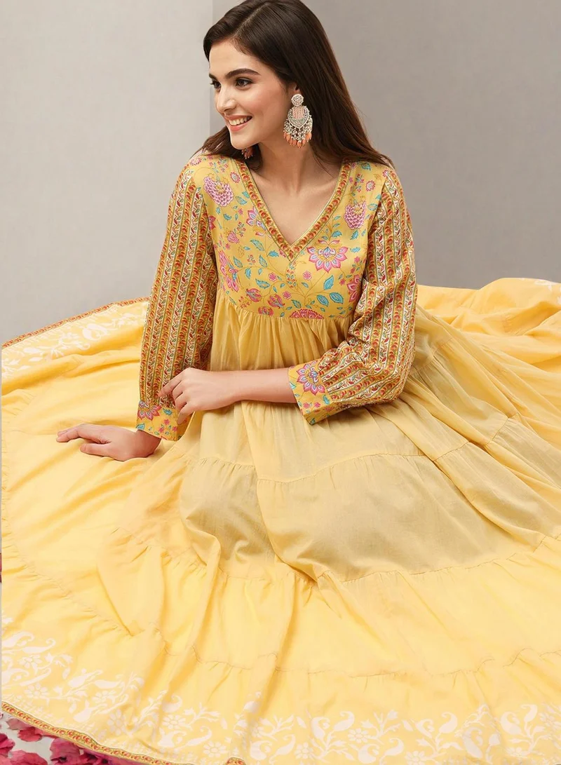 ISHIN  Women's Yellow 100% Cotton Embellished Midi Smock Straight Fit Dress for Women | Best Price UAE